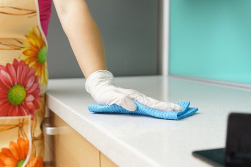 Professional office cleaners working in a Pimlico workplace reception area